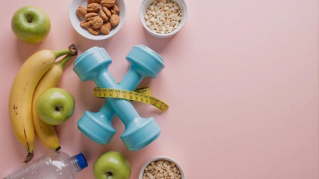 sports-dumbbells-with-measuring-tape-and-food